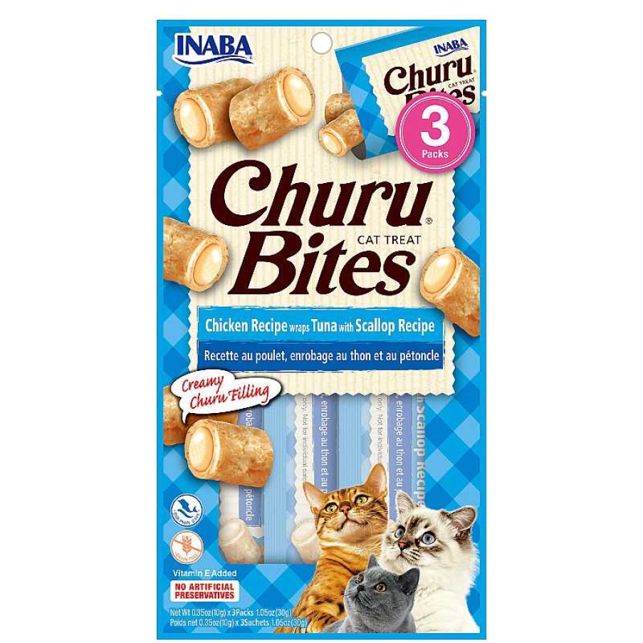 Cats Churu (Inaba Foods) Treats | Churu Cat Treats Bites - Chicken Wraps With Tuna & Scallop Recipe (3 Packs X 10G)