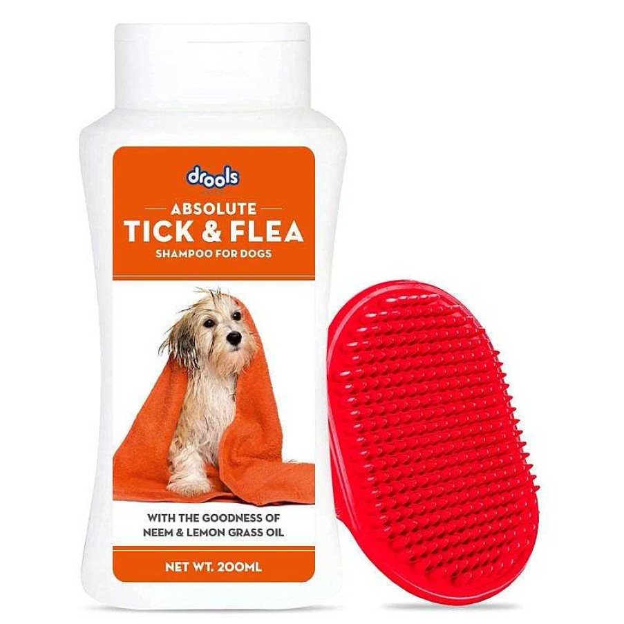 Dogs Drools Flea & Tick | Drools Tick And Flea Repellent Shampoo For Dogs (200Ml) With 1 Free Bathing And Grooming Hand Brush