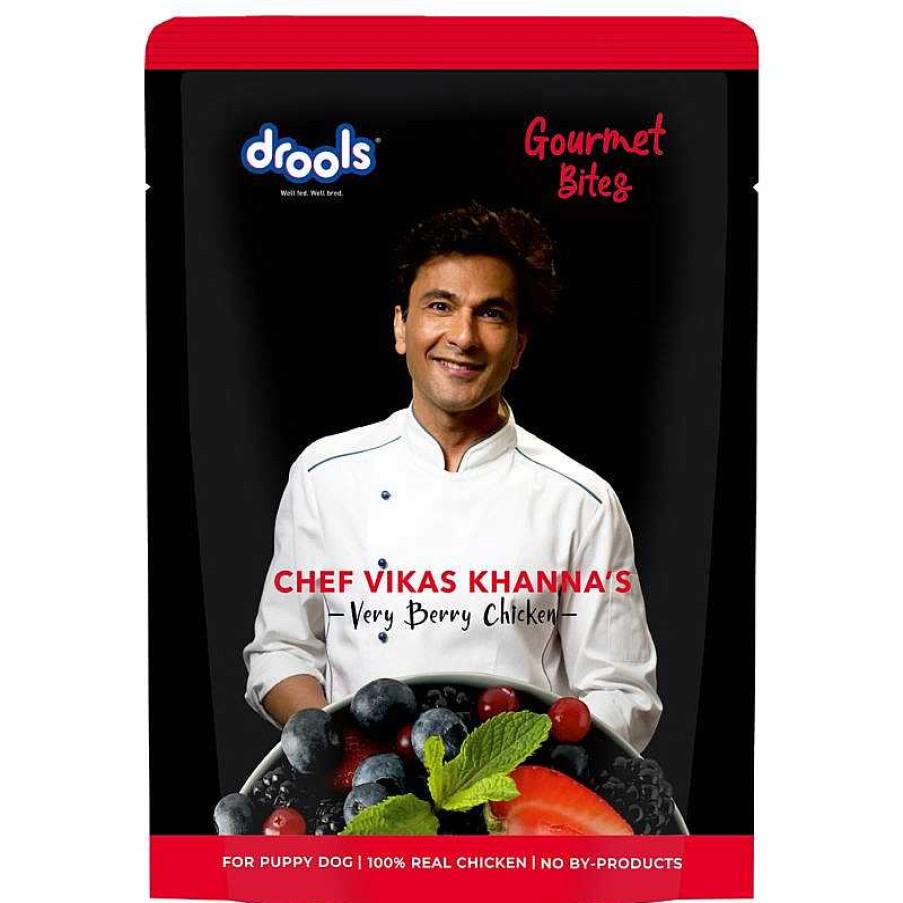 Dogs Drools Wet Food | Drools Wet Food For Puppies - Gourmet Bites - Vikas Khanna Recipe - Very Berry Chicken - Chunks In Gravy (150G X 15 Pouches)